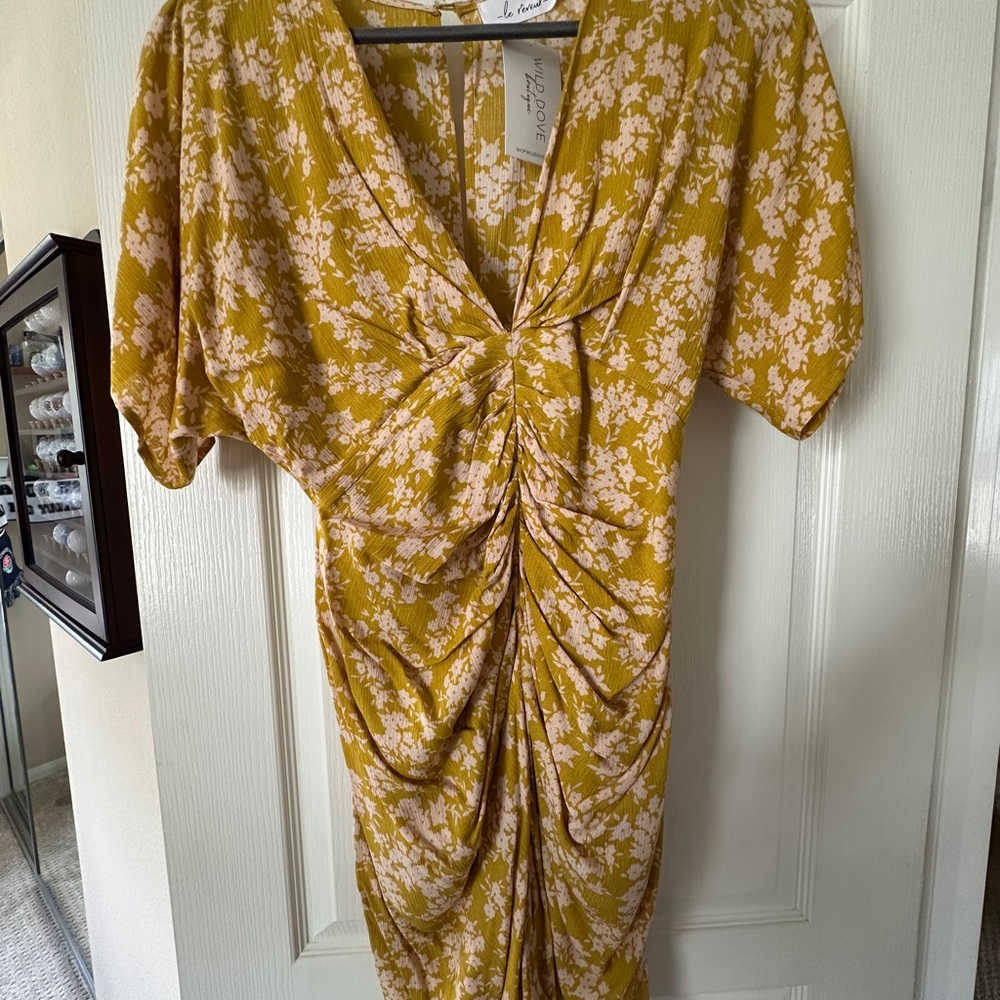 Yellow Ruched Wrap Floral Mini Dress with Sexy Low cut neckline